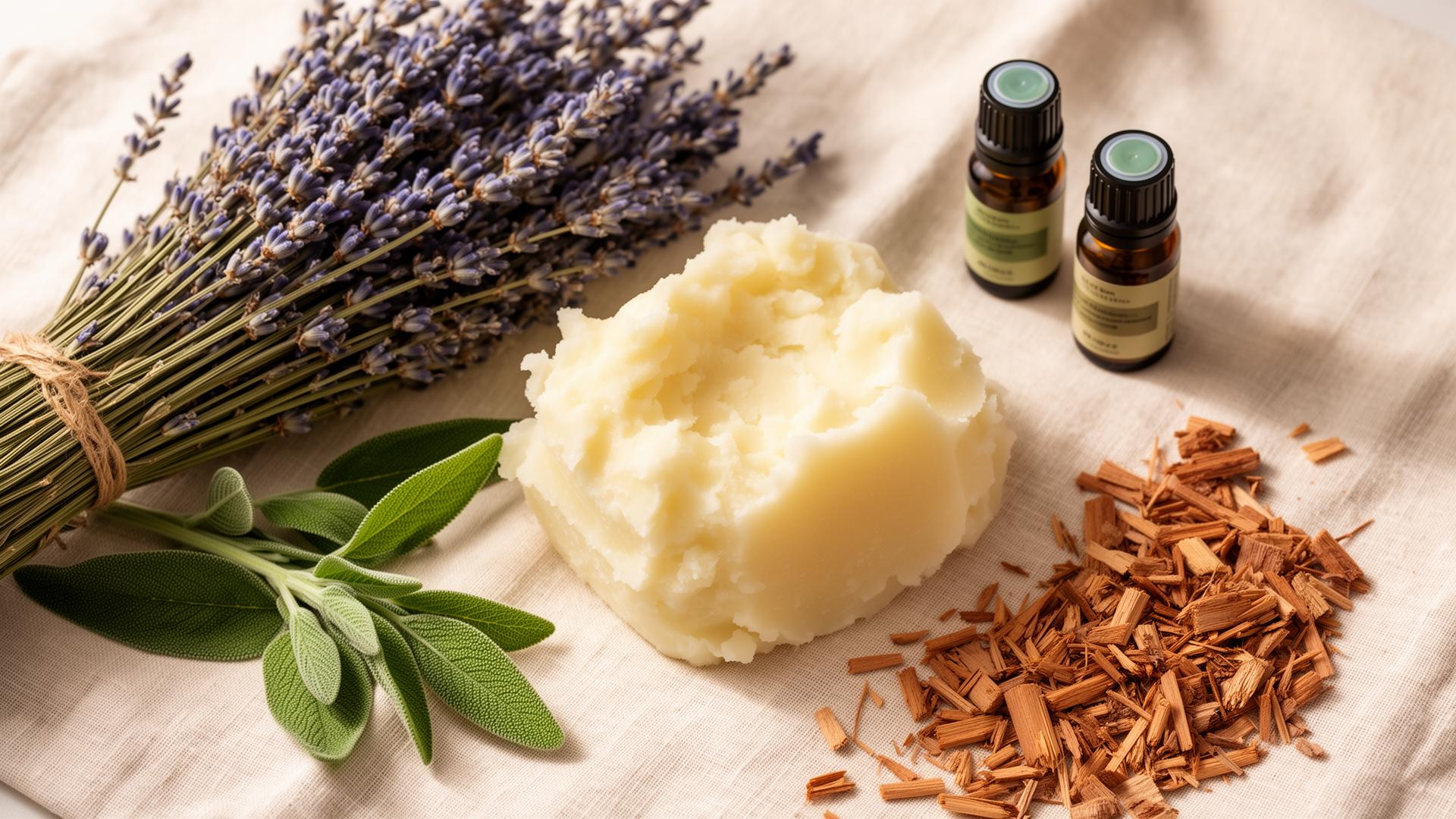 Natural raw ingredients: lavender, sage, shea butter, cedar wood, and essential oils