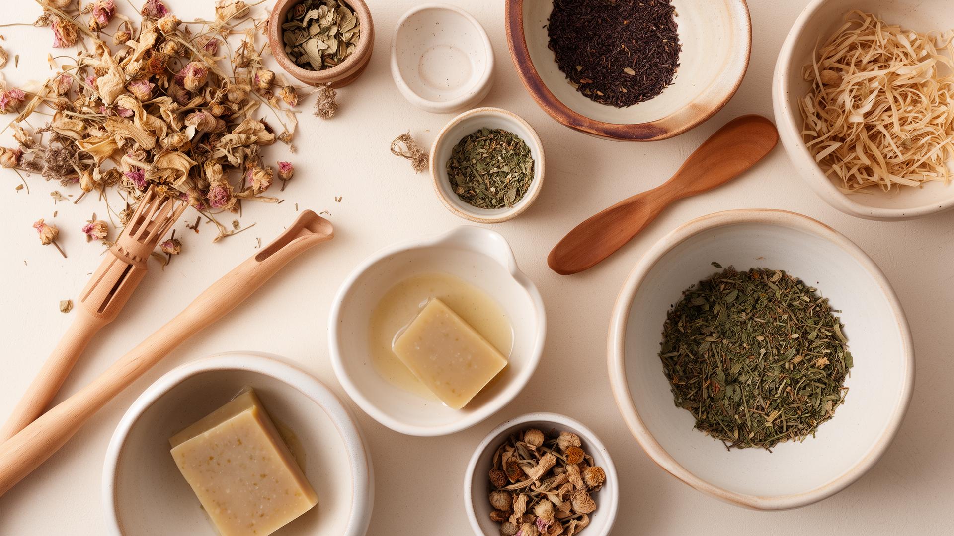 Botanical soap-making workspace with natural ingredients and wooden tools